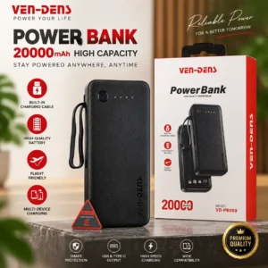 20000mAh Power Bank | VEN-DENS VD-PB059 Portable Charger | Fast Charging Power Bank with Built-in Cable | USB Type-C Lightning Mobile Battery Backup